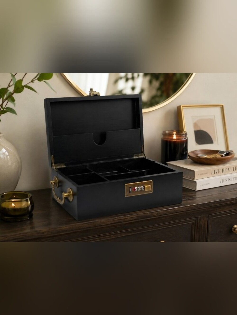 Bamboo Storage Box Combination Lock Handle Removable Tray Black